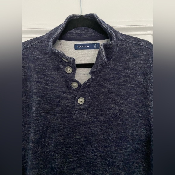 Nautica Navy Collar Quarter Button Up Sweater with Side Seam Pockets Size Medium - Picture 3 of 5